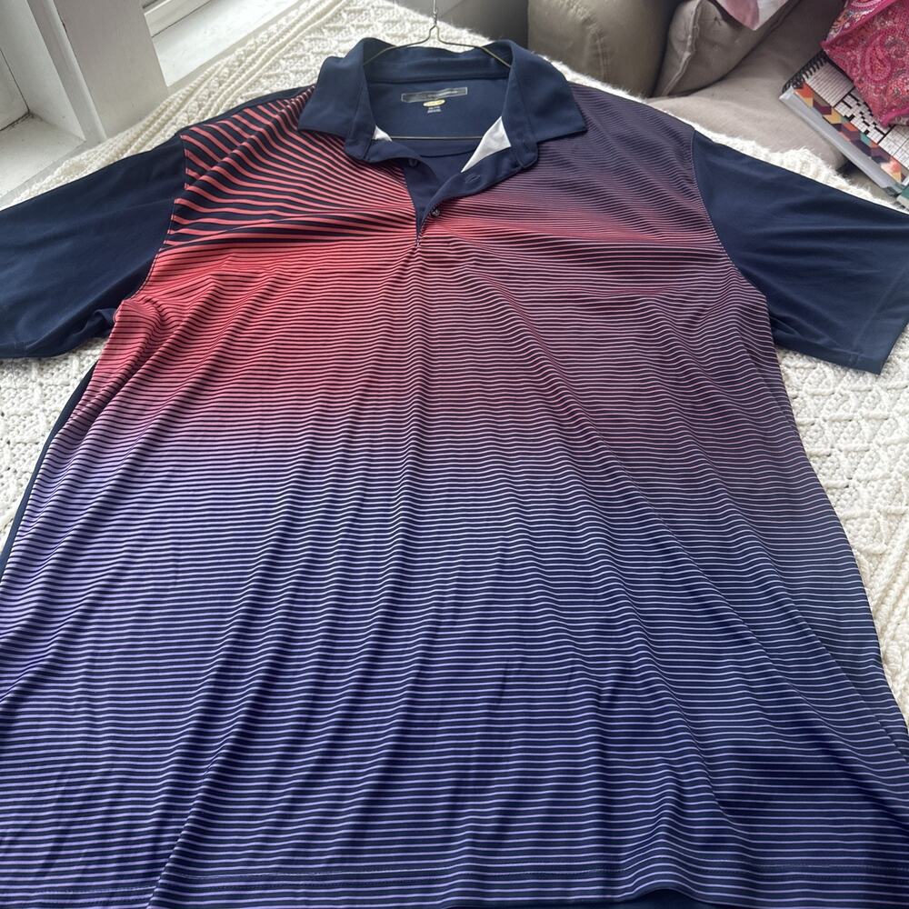 Greg Norman Polo Shirt Mens XXL Blue Red Gradient OmbréStriped Play Dry Golf EUC